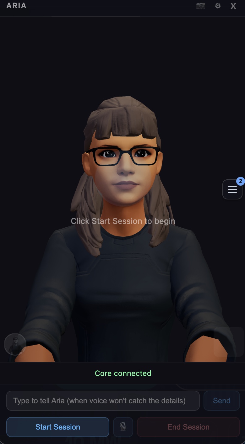The Selam app in a live session — the on-device avatar, ready to start